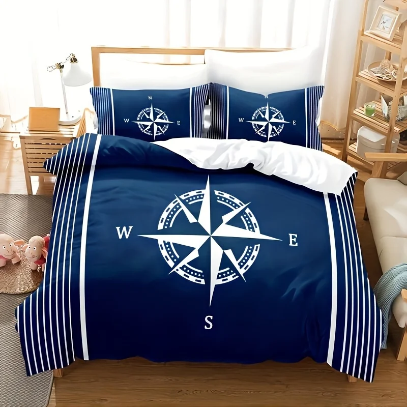 

3PCS Soft 3D HD Nautical Duvet Cover Set - Oceanic Compass & Anchor Design - Brushed Digital Polyester Bedding for Bedrooms