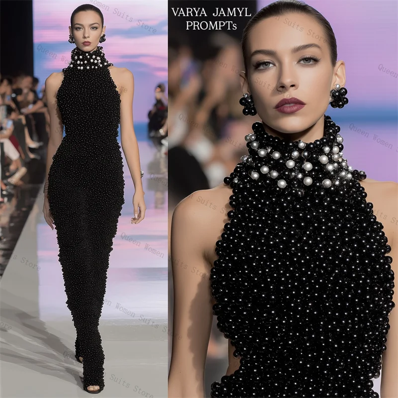 

Luxury Black Pearls Women Suit Set 2 Piece Top Bra+Pants Trousers Formal Office Lady Jacket Sleeveless Wedding Coat Customized