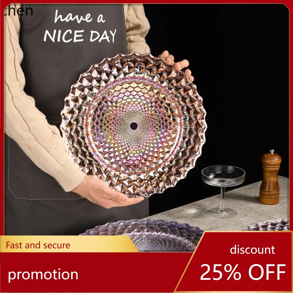 

HXL Electroplated Glass Plate Creative silver Lace Glass Dinner Plate Table Decoration