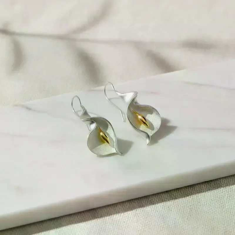 Two Tone Silver Calla Lily Dangle Earrings Gold Accent Textured Finish Anti-Tarnish Jewelry for Daily Casual Wear