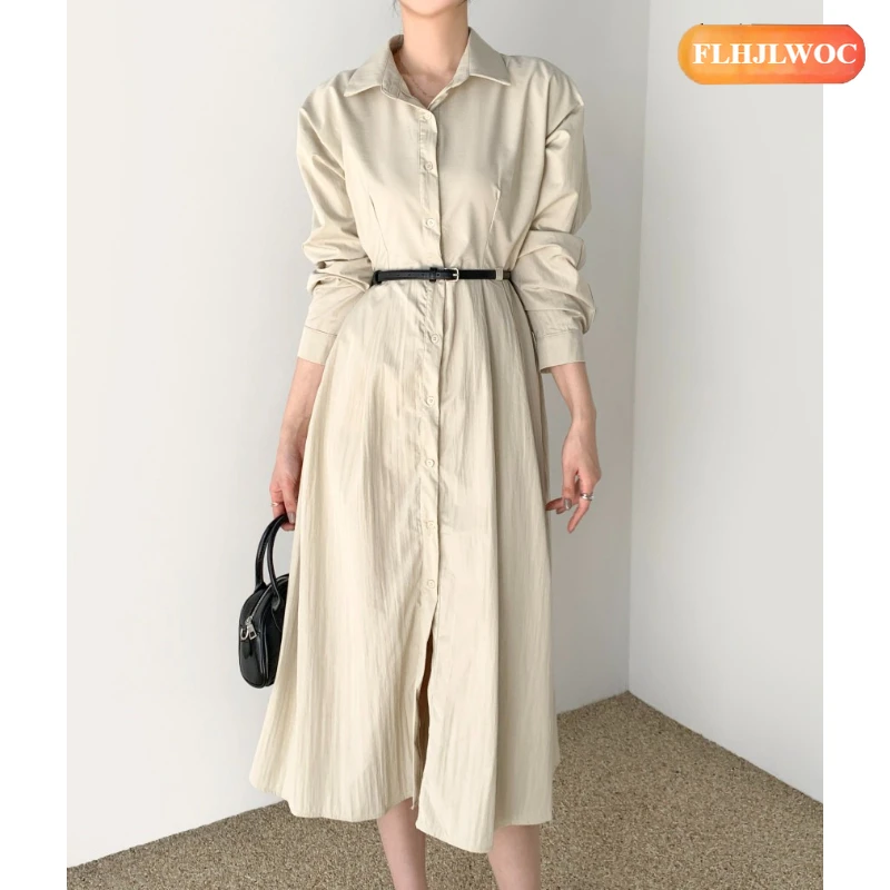 Vestidos con cinturón nuevo elegante Corea Vestidos femeninos mujer manga larga Oficina señora sólido Oficina elegante largo básico vestido camisero blanco