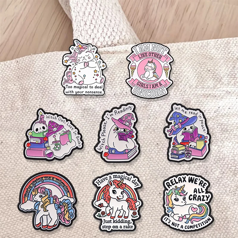 Magical Unicorn Ghost Witch Enamel Badge Funny Quote Cartoon Lapel pin Decorative brooch Jewelry Gift For Friends