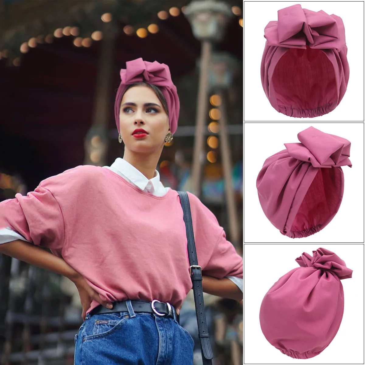 아프리카 머리는 여성을위한 우아한 복고풍 터번을 포장합니다 이슬람 Headscarf 모자 Soild Color Ladies Beanies Caps 이슬람 헤드 피스