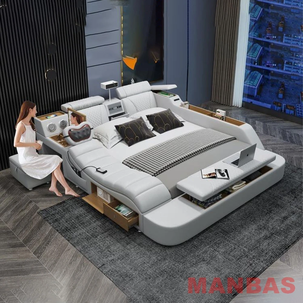 Modern Tech Smart Bed, King/Queen Size Genuine Leather Bed with Projector,USB, Speaker, Luxury Multifunction Bed, All In One Bed - view 2