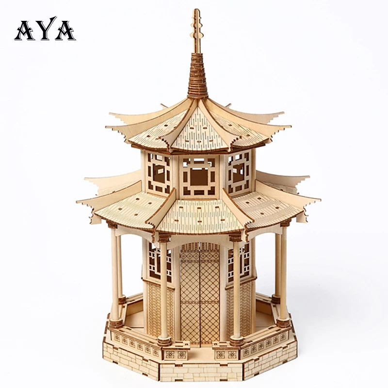 

3D Wooden Puzzle Chinese Traditional Building Octagonal Pavilion DIY Assembly Kits Model Desktop Game Toys for Children Adults