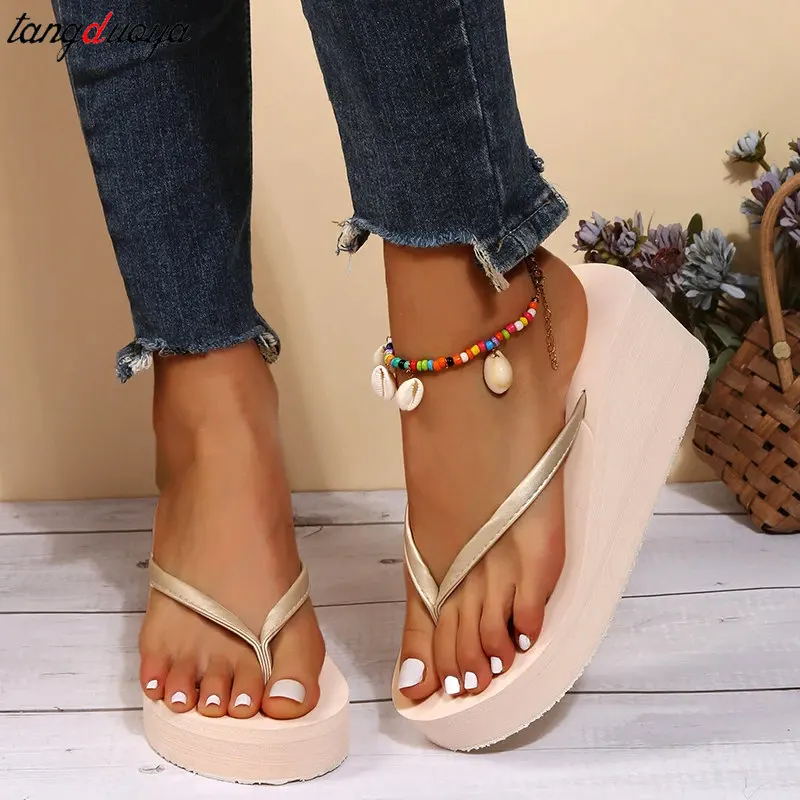 Lightweight Wedge Flip Flops Women 2024 Summmer Solid Platform Sandals Woman Non Slip Thick Sole Clip Tie Beach Sandals