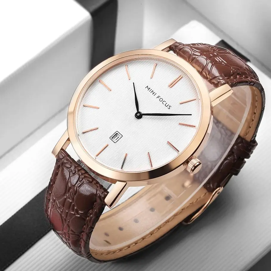 

MINI FOCUS Men's Slim Quartz Watch - Genuine Leather Band/Date Display/30m WR/Japan Movement/Ultra-Thin Dress Watch 0108G