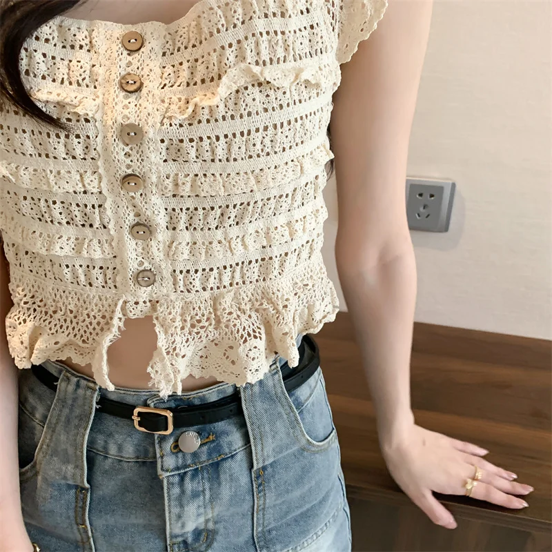 Lace Trim Crochet Top Women\'s Tank and Cami Square Neck Button Front Sheer Openwork Crop Cardigan Vest Summer Y2K 90s Outfit