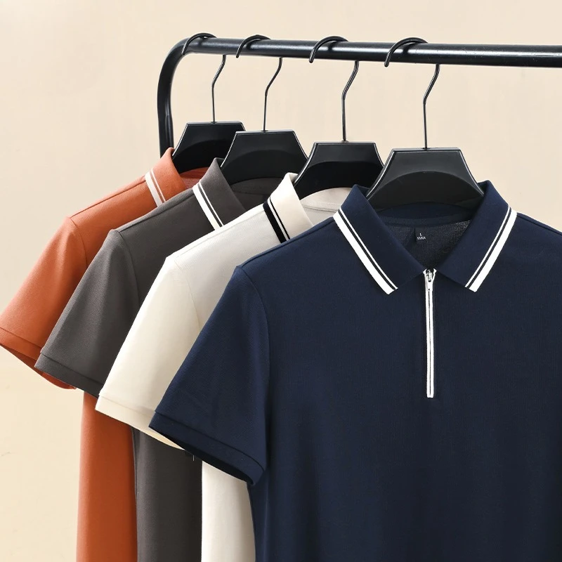

New Arrival Cotton Summer Men's Polo Shirts Luxury Solid Color Zipper Collar Short Sleeve Elasticity Simple Casual Male T-shirts
