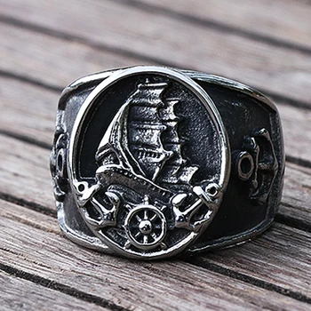 Anneau de Pirate de voilier nordique pour hommes et femmes, en acier inoxydable 316L, anneau de motard Viking, boussole, ancre, bijoux à la mode, cadeau