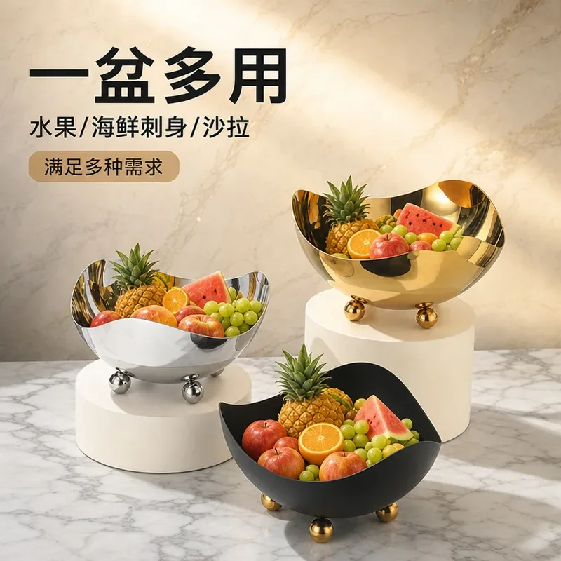 Luxury Stainless Steel Tall Fruit Plate Creative Hotel Buffet Salad Bowl Bar KTV Snack Nut Dish Modern Home Decor Serving