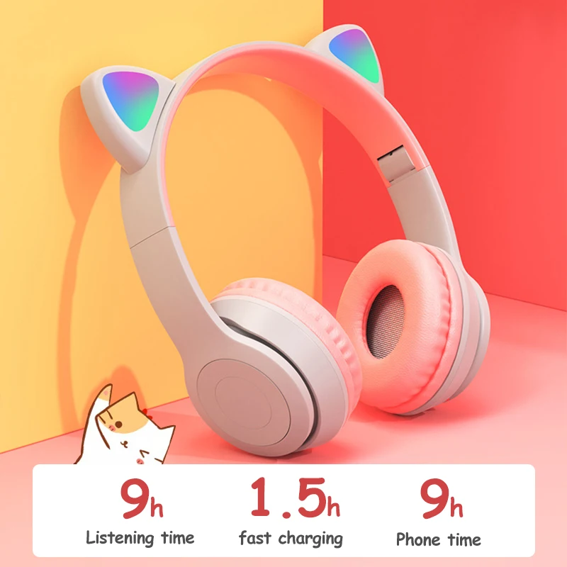 Auriculares inalámbricos con orejas de gato y micrófono para niños, cascos de graves estéreo con luz brillante de diente azul, auriculares para juegos de PC y teléfono, regalos para niñas