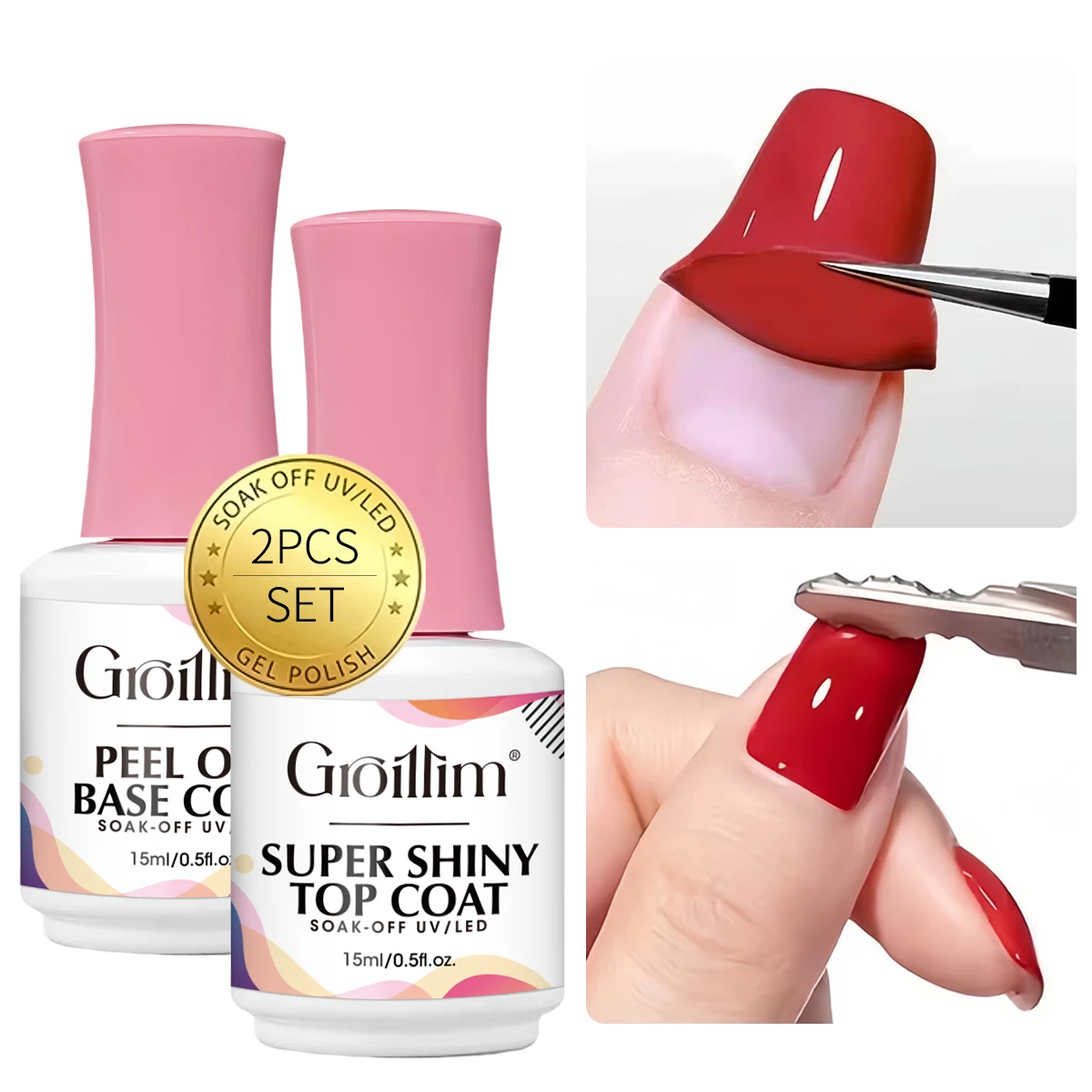 

Набор Groillim, 2 шт., 15 мл: снимаемый базовый лак, супер-топ, базовое покрытие для ногтей, съемный маникюр.