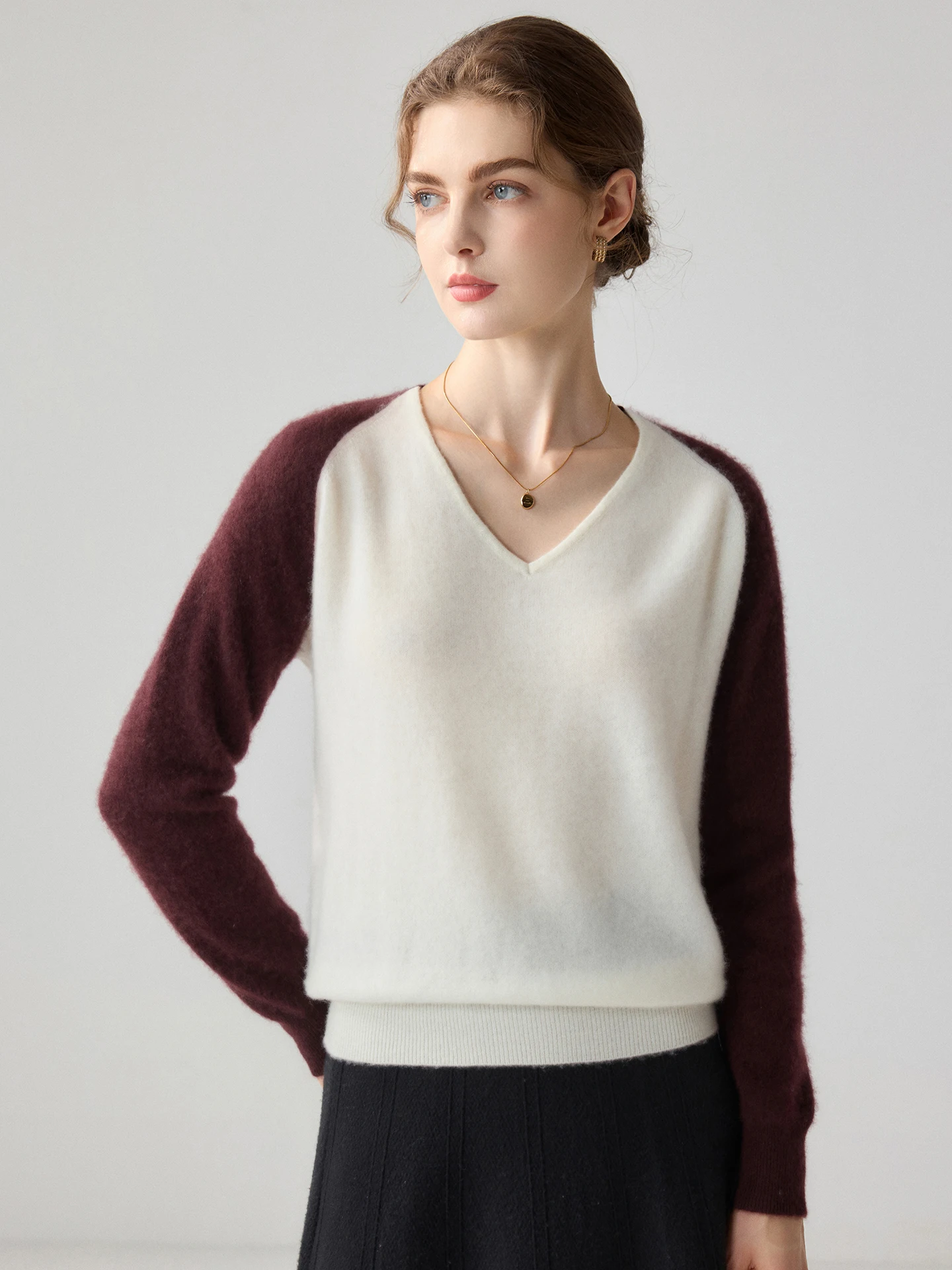 TLOML Women's 100% Cashmere Sweater Color Blocking V-Neck Pullover Autumn Winter Cashmere Knitwear Soft Warm High Quality Tops