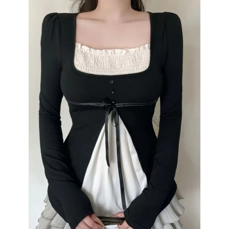 Women Y2k Fake Two Piece Long Sleeve Tee Vintage Patchwork Bow Slim Fit Hot Girl Casual Thin T-shirt New Arrival