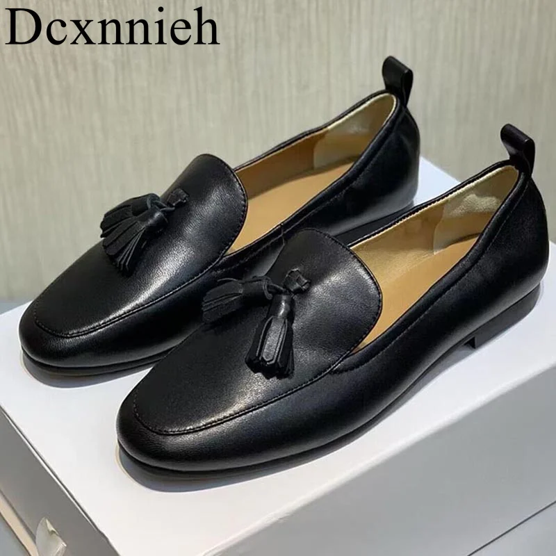 

2024 New Spring Autumn Genuine Leather Solid colour Tassel Decor Loafers Women's Retro Single Shoes Shallow Mouth Flat Shoes