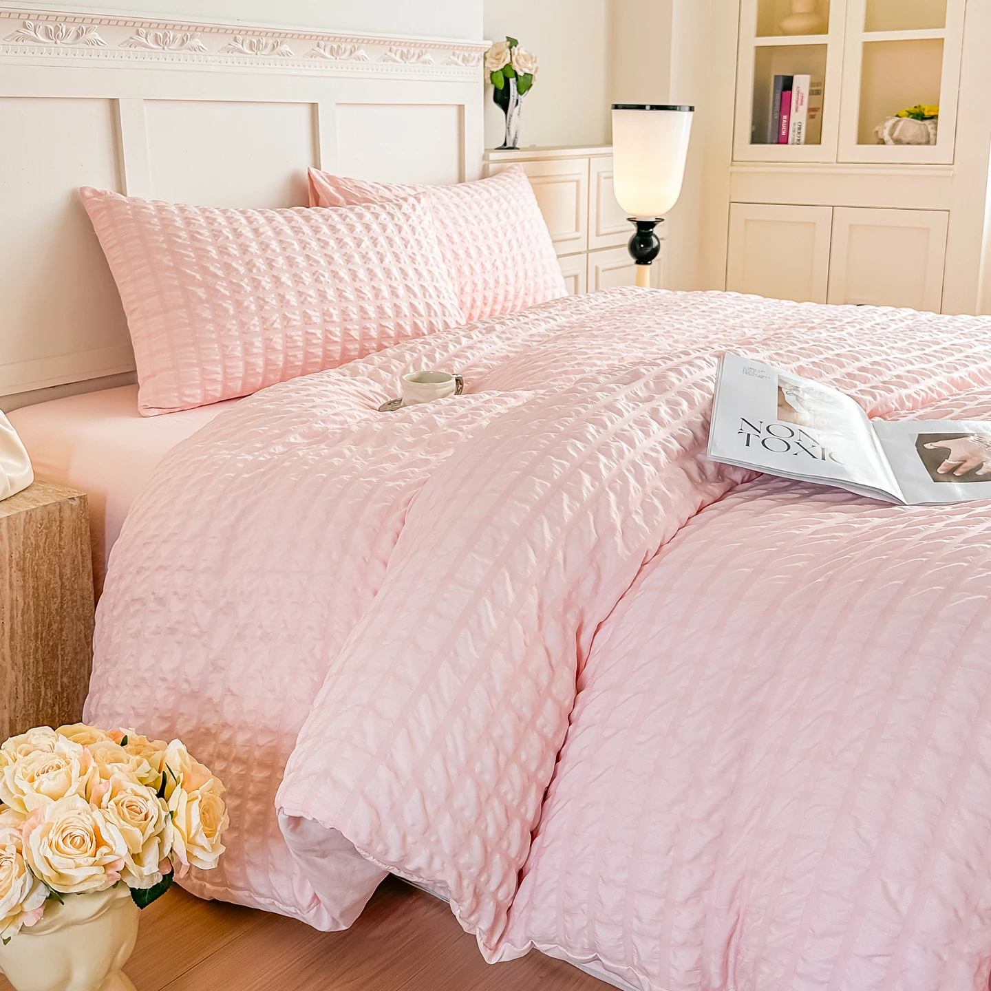 3pcs Pink seersucker Duvet Cover Set (1*Duvet Cover + 2*Pillowcase, Without Core),pink Bedding Set