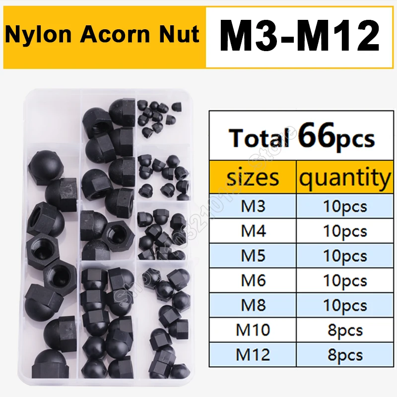 

66Pcs/set M3 M4 M5 M6 M8 M10 M12 Black Nylon Plastic Acorn Cap Nuts Dome Head Insulation Decorative Cover Hex Nut Assortment Kit