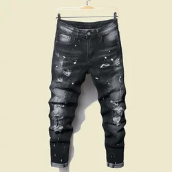 Men Black Skinny Denim Spot Jeans Male Ripped Stretch Fit Jeans Men Slim Trousers Fit Long Pants Streetwear Casual Trousers