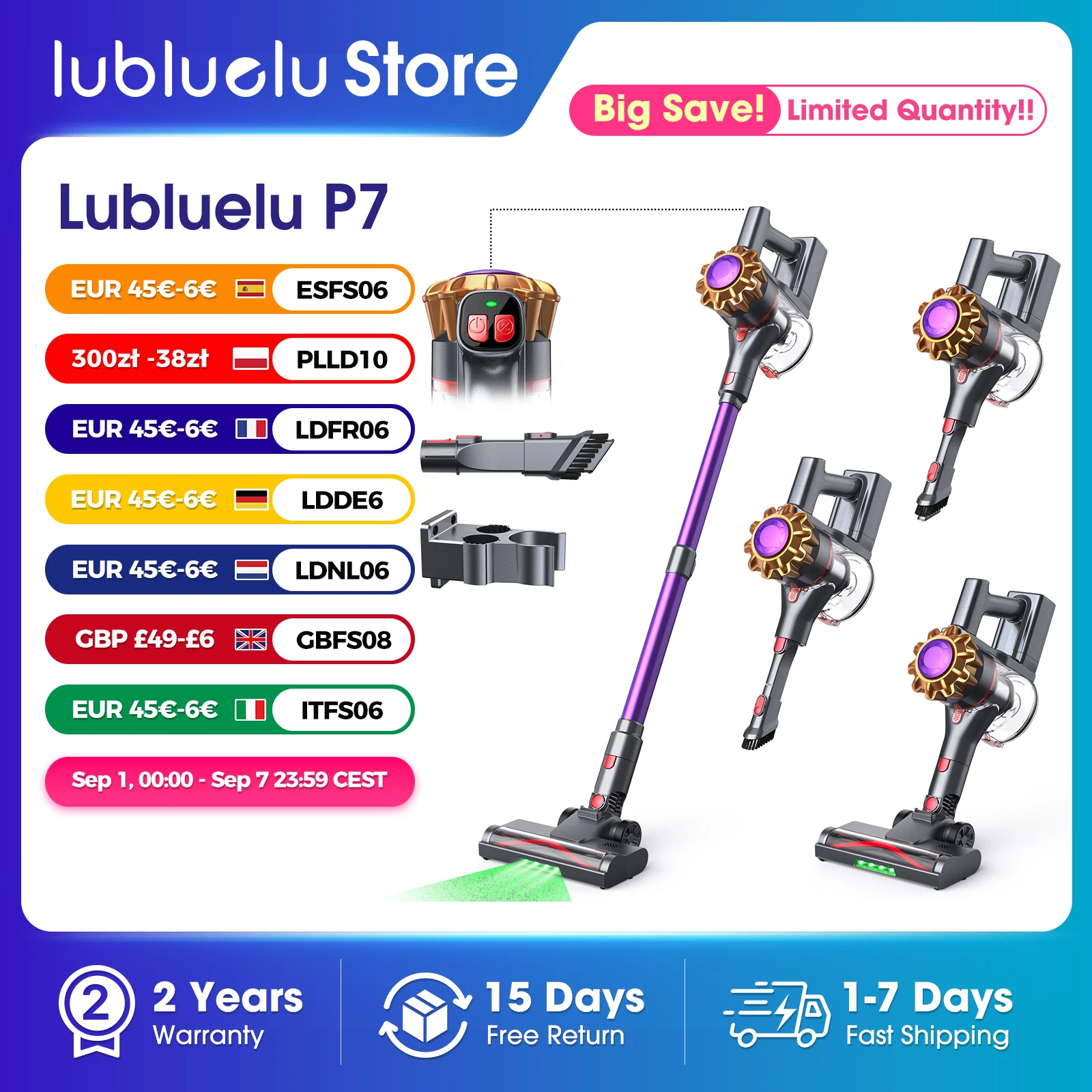 Lubluelu P7 300W/35KPA Kabelloser Staubsauger, 30 Minuten Selbststehender Staubsauger für Zuhause, Anti-Verwicklung Stabstaubsauger