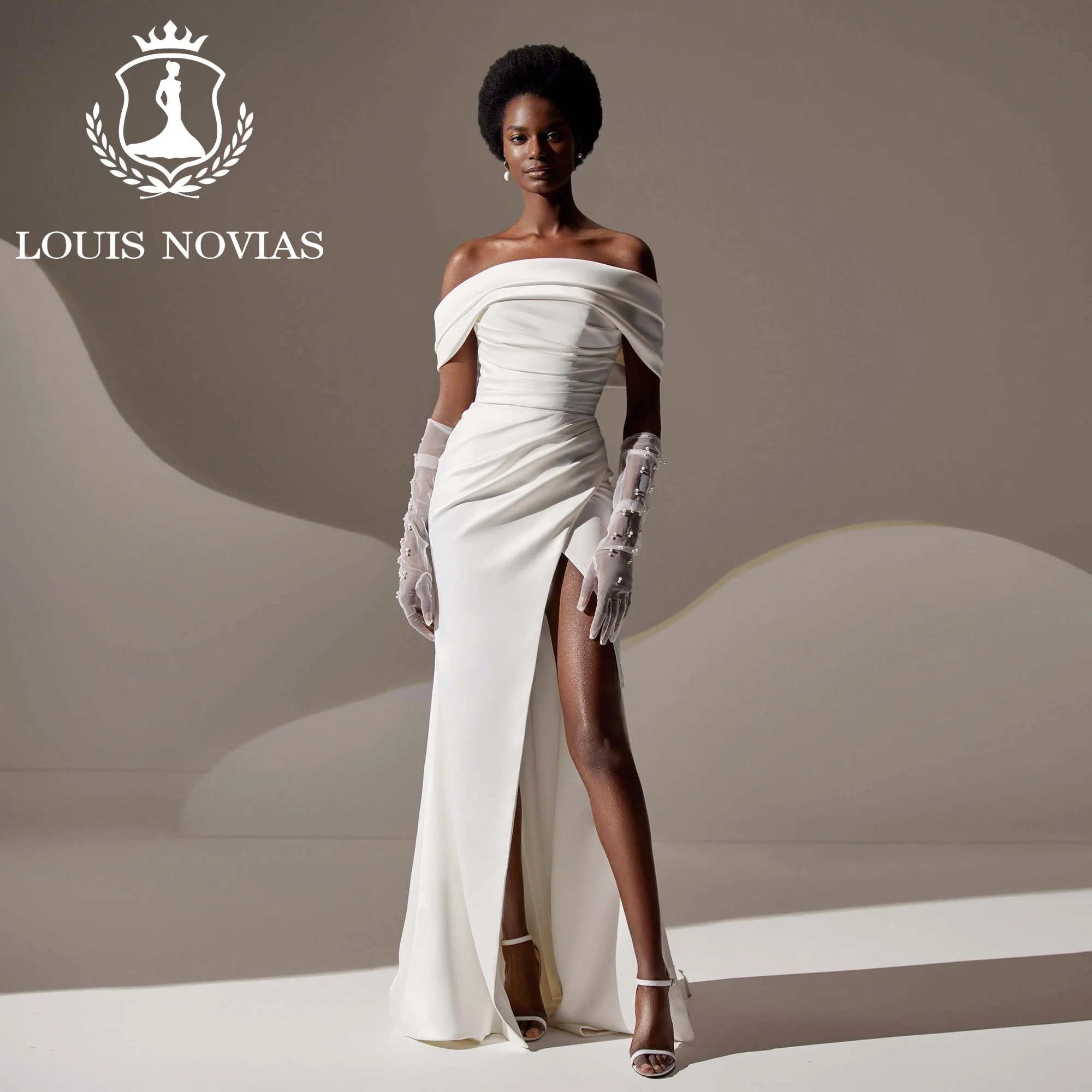 LOUIS NOVIAS Mermaid Wedding Dress For Women 2023 Off the Shoulder Boat Neck Pleat Thigh Split Wedding Gown Sheath Prom Dresses