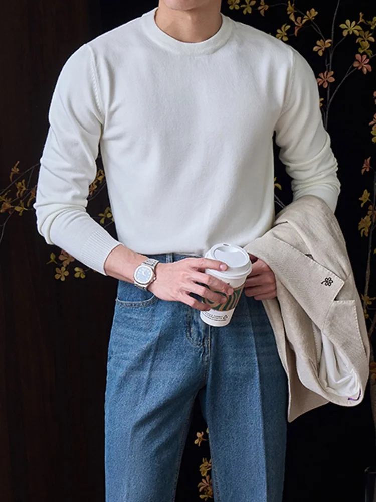 

Autumn Winter Warm Basic Color round Ne Knitted Sweater Men's Slim Fit Casual Busin Retro Base Layer irt