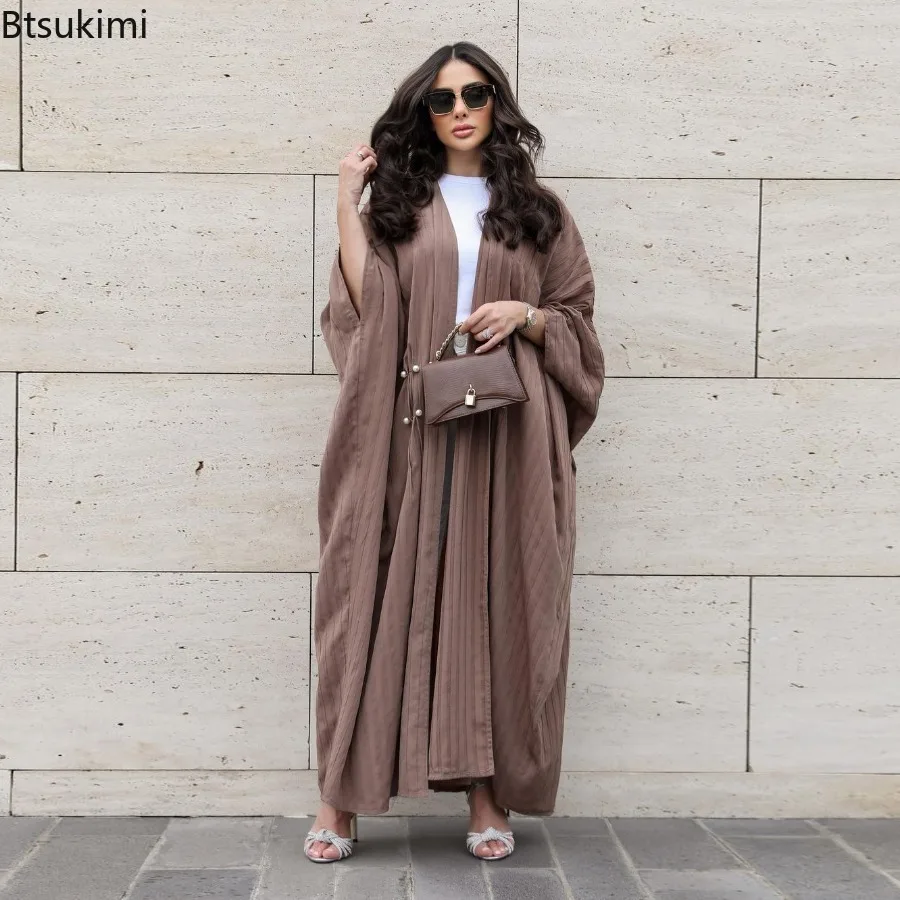 Fashion Muslim Abaya for Women Bat Sleeve Striped Pearl Muslim Outerwear Cardigan Morocco Party Dresses Modest Long Robe Vestido