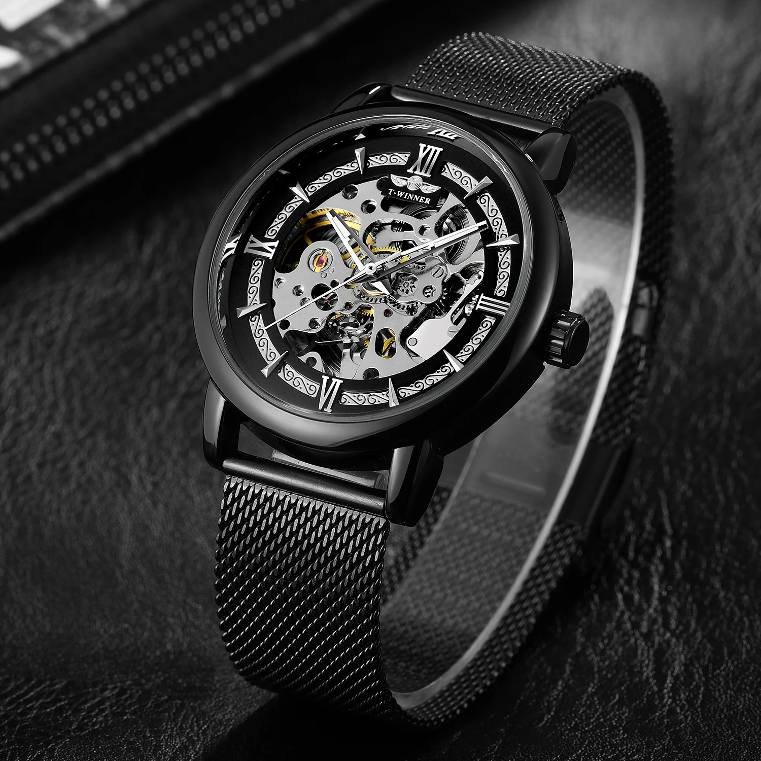 WINNER Official Transparent Skeleton Mechanical Automatic Watches for men Mesh Strap Bronze Vintage Men\'s wristwatch Male Clock