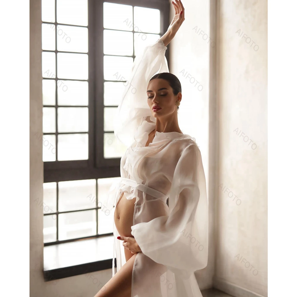 Tulle Maternity Dresses Long Sleeved Photography Dressing Pregnancy Gowns For Photo Shoot Pregnant Woman Prom Dress Ruffles Robe