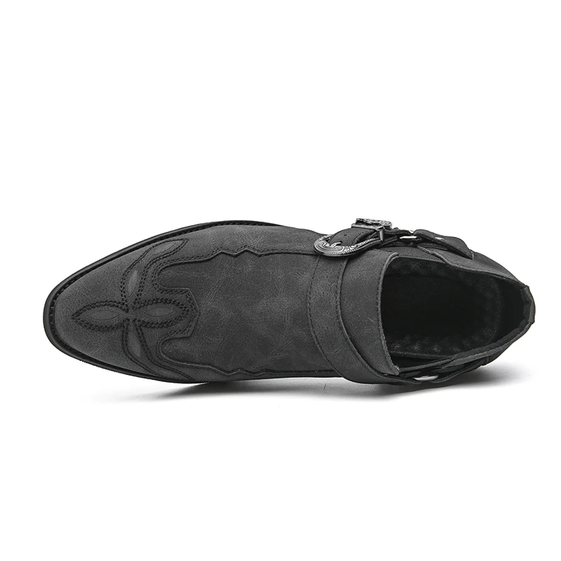 Men Height Increase High Heel Shoes Western Embroidery Pointed Toe Buckle Strap Chain Decor Punk Gothic Slip On Leather Loafers