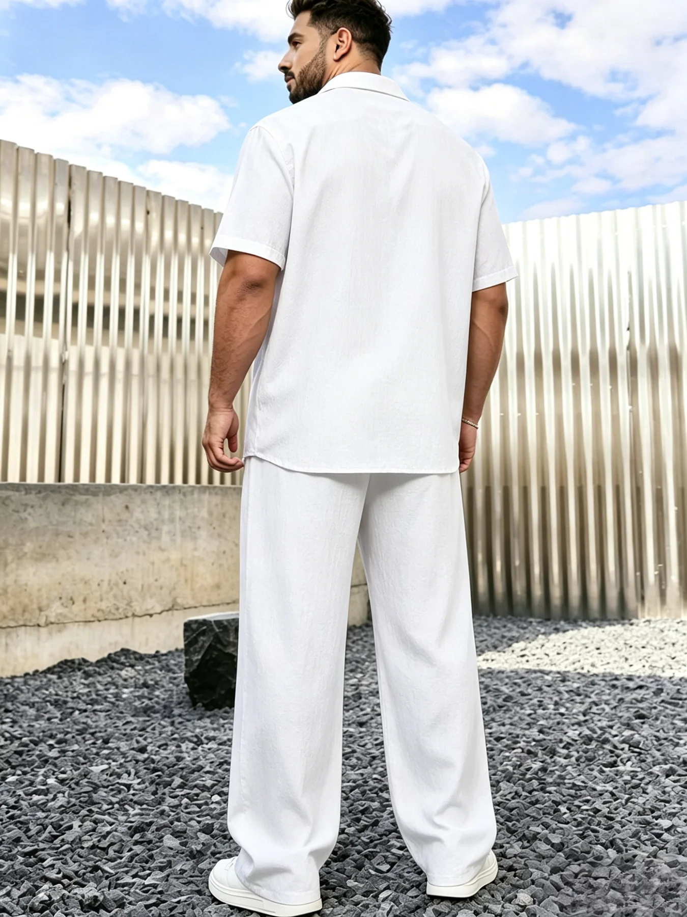 Men's Outfit Set Solid White Cuban Collar Short Sleeve Button Shirt Wide Leg Pants Wrinkle Resistant Summer Resort Casual Wear