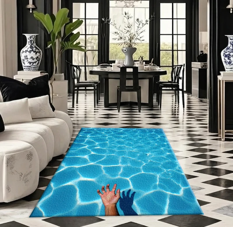 Clear Blue Pool Water Ripple Hand Silhouette Carpet Flooring Summer Aquatic Scenery Art Printed Square Area Rug for Household Interior