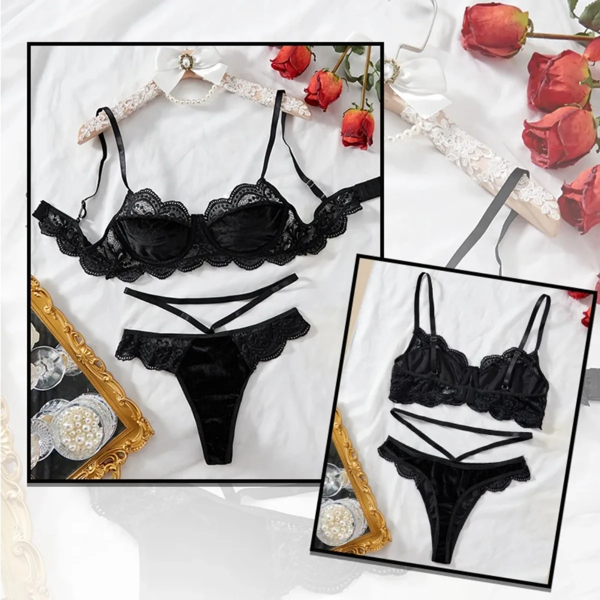 2024 New Soft Velvet Sexy Bra Women\'s Slim Fit Lace Lace Gathering Underwear Two Piece Set Lingerie Sous Vetement Femme Sexy