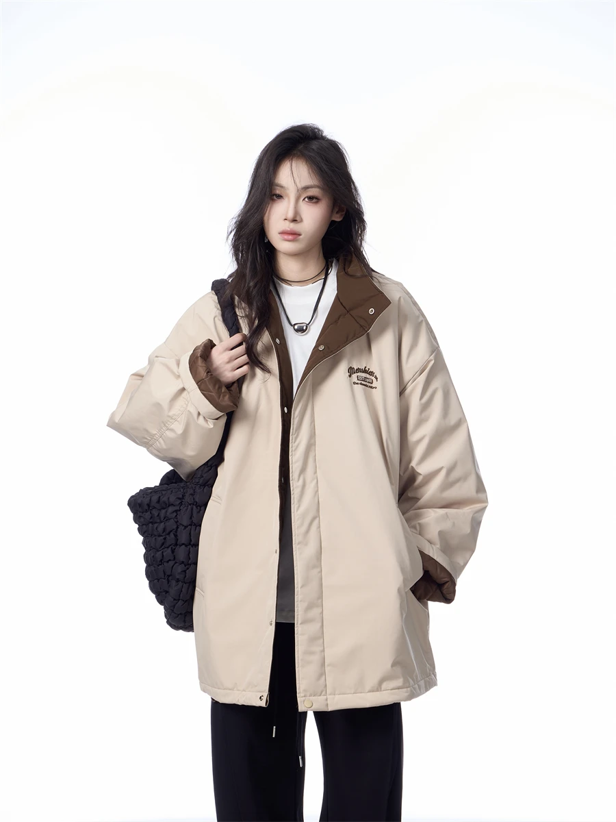Warm Thickened Cotton Jacket Stand Collar Loose Fit Mid-Length Trendy Outerwear for Women Street Style Winter Coat