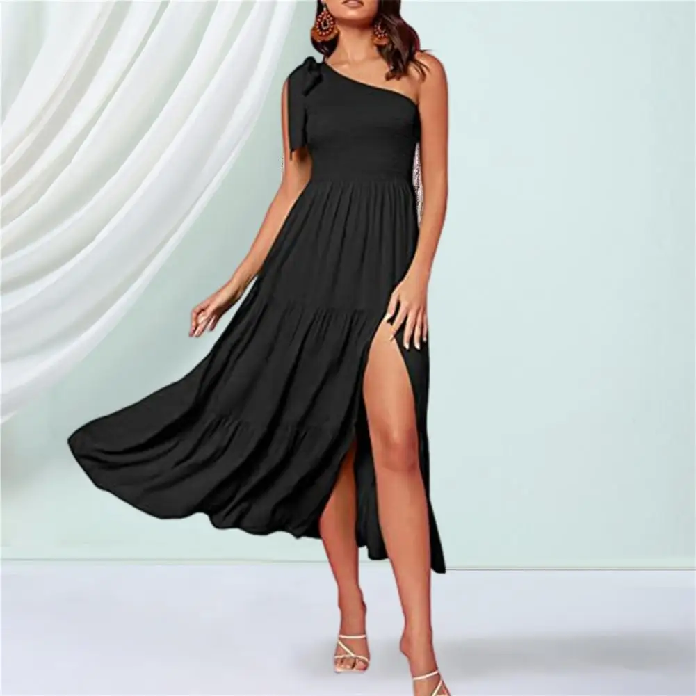 2023 Summer Sexy Cocktail Mid Length Dress Solid Color One Shoulder Hem Slit Dress Evening Dress Party Dress