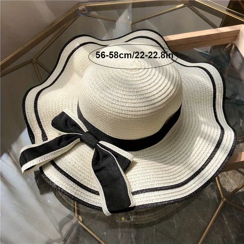 Straw Spring Summer Wave Bow Bucket Hat Women Girls Cap Beach Seaside Sunscreen Big Brim Fisherman Hat Travel Holiday Sun Hat