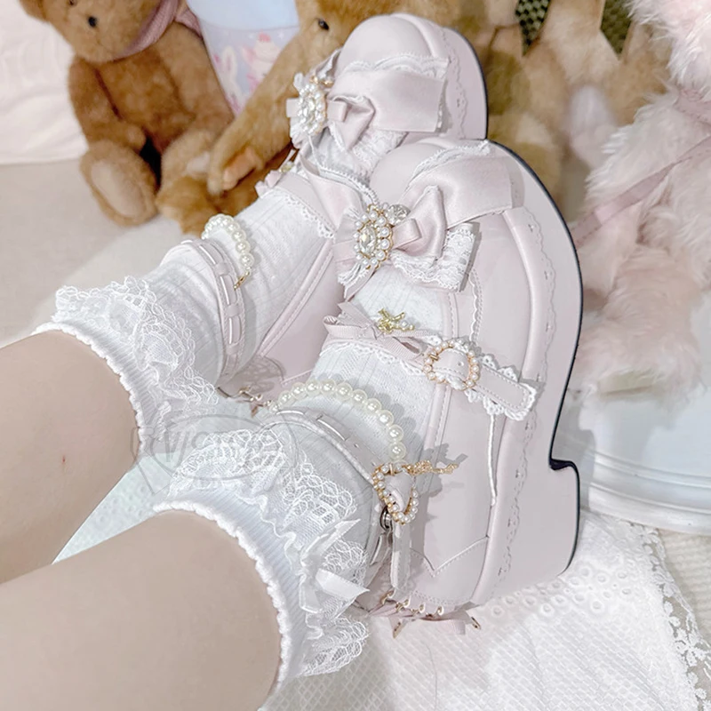 Japanese Lolita Hot Rhinestone Love Heart Bow Tie Mine Mass-Produced Platform Mary Jane Shoes For Girls and Women