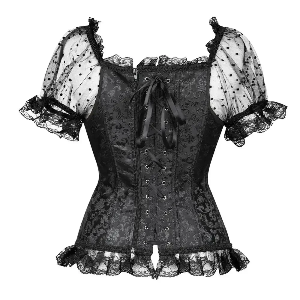 Women Corsets Wedding Corset Bustier with Sleeves Sexy Goth Basques Breathable Lace Trim Bustiers Holiday Party Clubwear Costume