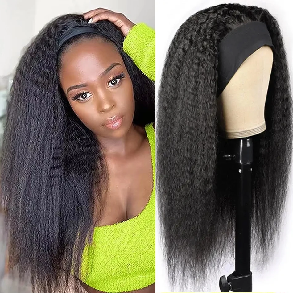 Kinky Straight Headband Wig Human Hair Yaki Straight Headband Wig Full Machine Made Wigs 180% Natural Color Brazilian Remy Hair