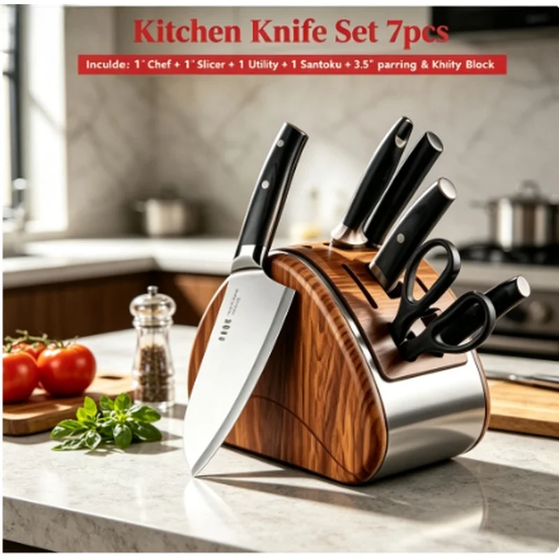 7PCS Stainless Steel Kitchen Knife Set With Storage Block