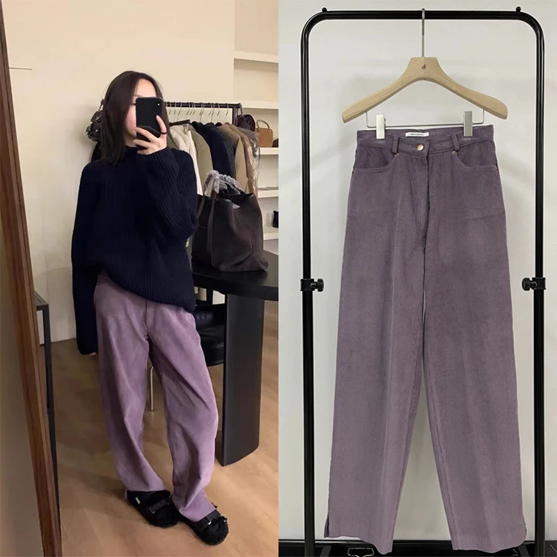 Selfwill Gentle Elegant South Korea Dongdaemun 24 Autumn Taro Purple Vertical Sunken Stripe Corduroy Wide-Leg Casual Pants Fe...