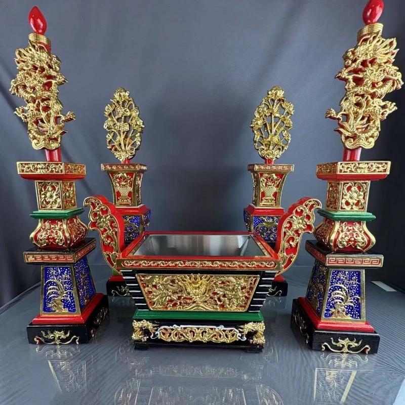 

Color five vase candle holder incense burner dragon candle wood carving process combination offering ornament