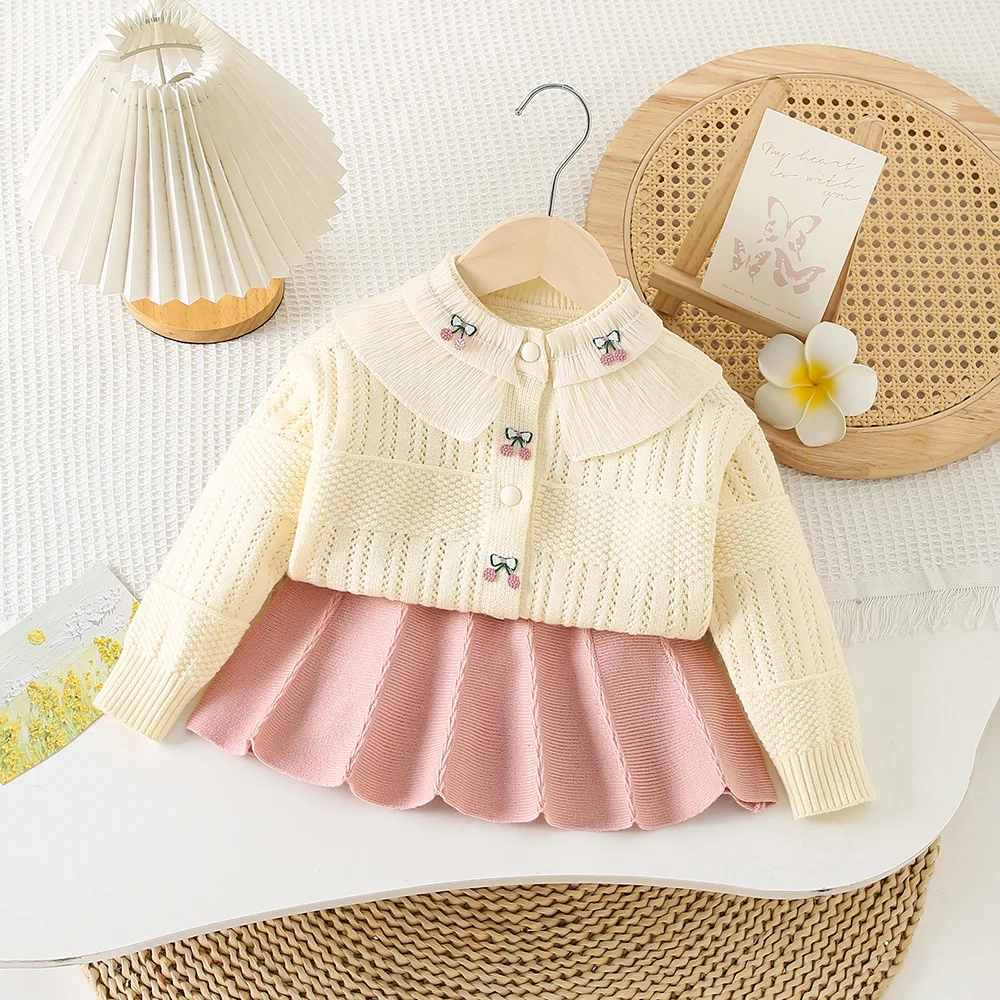 Children's Clothing Sets Cherry Embellished Lace Cardigan Top + Pleated Skirt Winter Clothes for Girls Knit Sweater Toddler