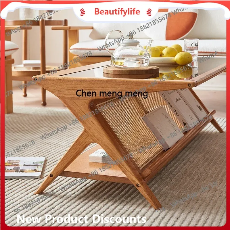 

Japanese rattan coffee table rectangular household living room simple, solid wood with storage, tea table H