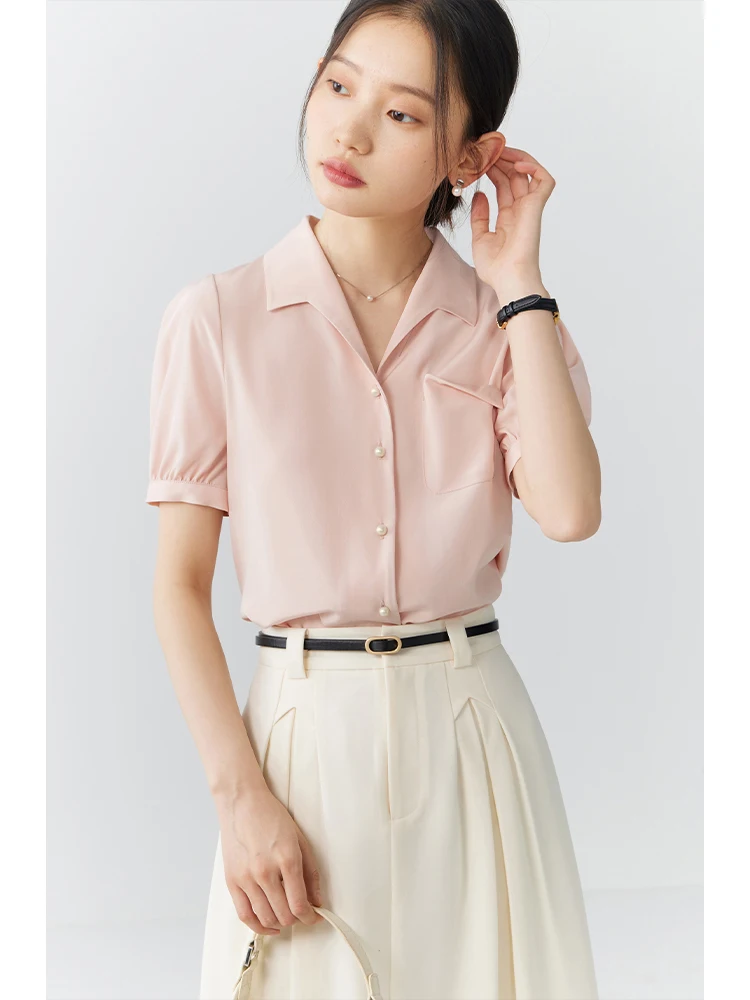 

ZIQIAO Petite Minimalist Temperament Lapel Short Sleeved Shirt Women's 2024 Summer New Pink Casual Loose Top 24ZQ92062