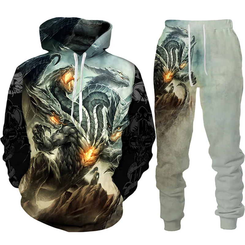 Vintage Dragon Tattoo Hoodie 2Pcs Sets 3D Camouflage Print Men/Women Hooded Sweatshirt Pant Sets Oversized Fashion Men Clothing