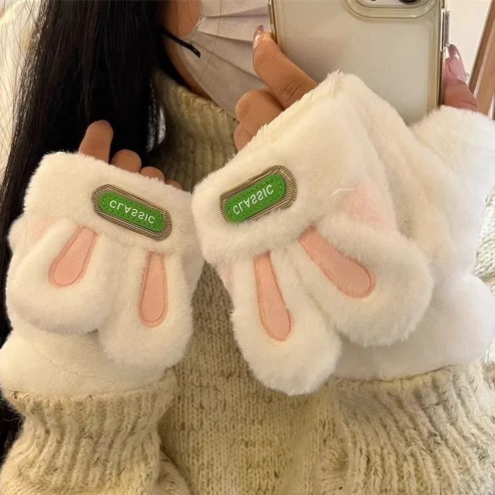 Cute Rabbit Flip-Top Fingerless Gloves for Women Students - Winter Warm Furry HalfGloves