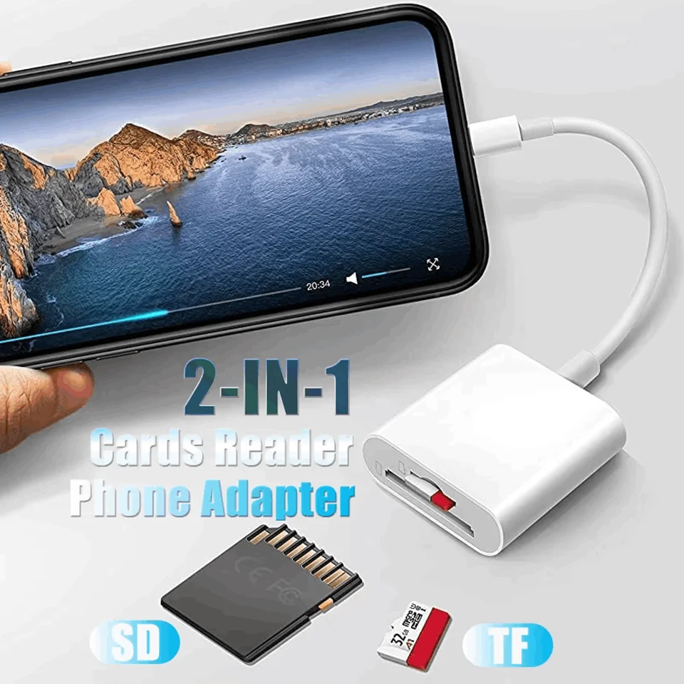 

Адаптер OTG 2-в-1 USB-C и Lightning SD/TF Card Reader, конвертер карт памяти с двойным интерфейсом для iPhone iPad MacBook Samsung