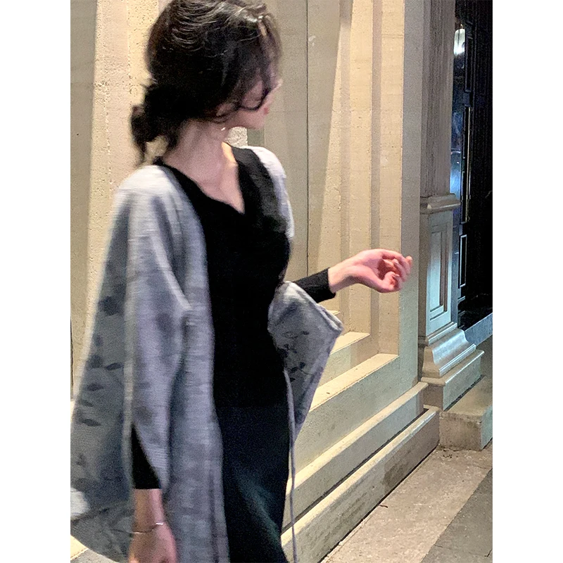 

Вязаный кардиган с растительным принтом для женщин, длинный, осенний, новый, для повседневной носки, из смесовой шерстяной ткани