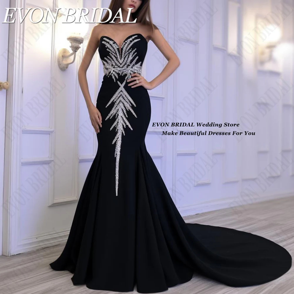 EVON BRIDAL Luxurious Dubai Evening Gowns Beads Lace Strapless Formal Occasion Dresses Black Satin Mermaid  فستان سهرة نسائي